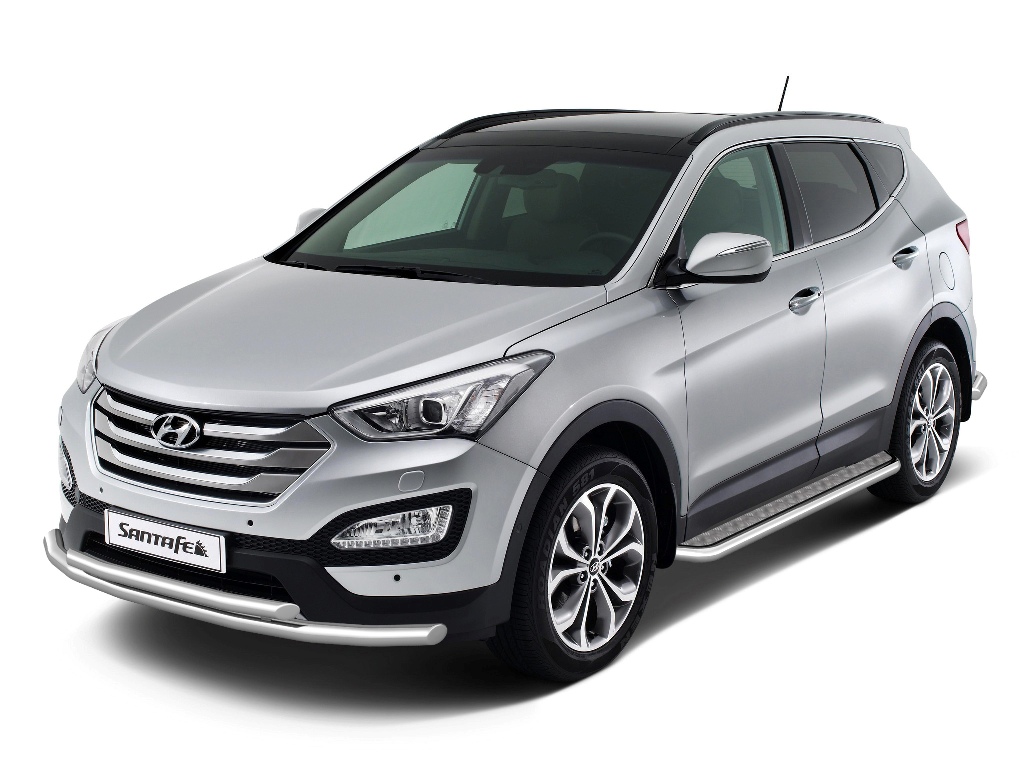 Защита порогов с алюминиевой накладкой d51 на Hyundai Santa Fe